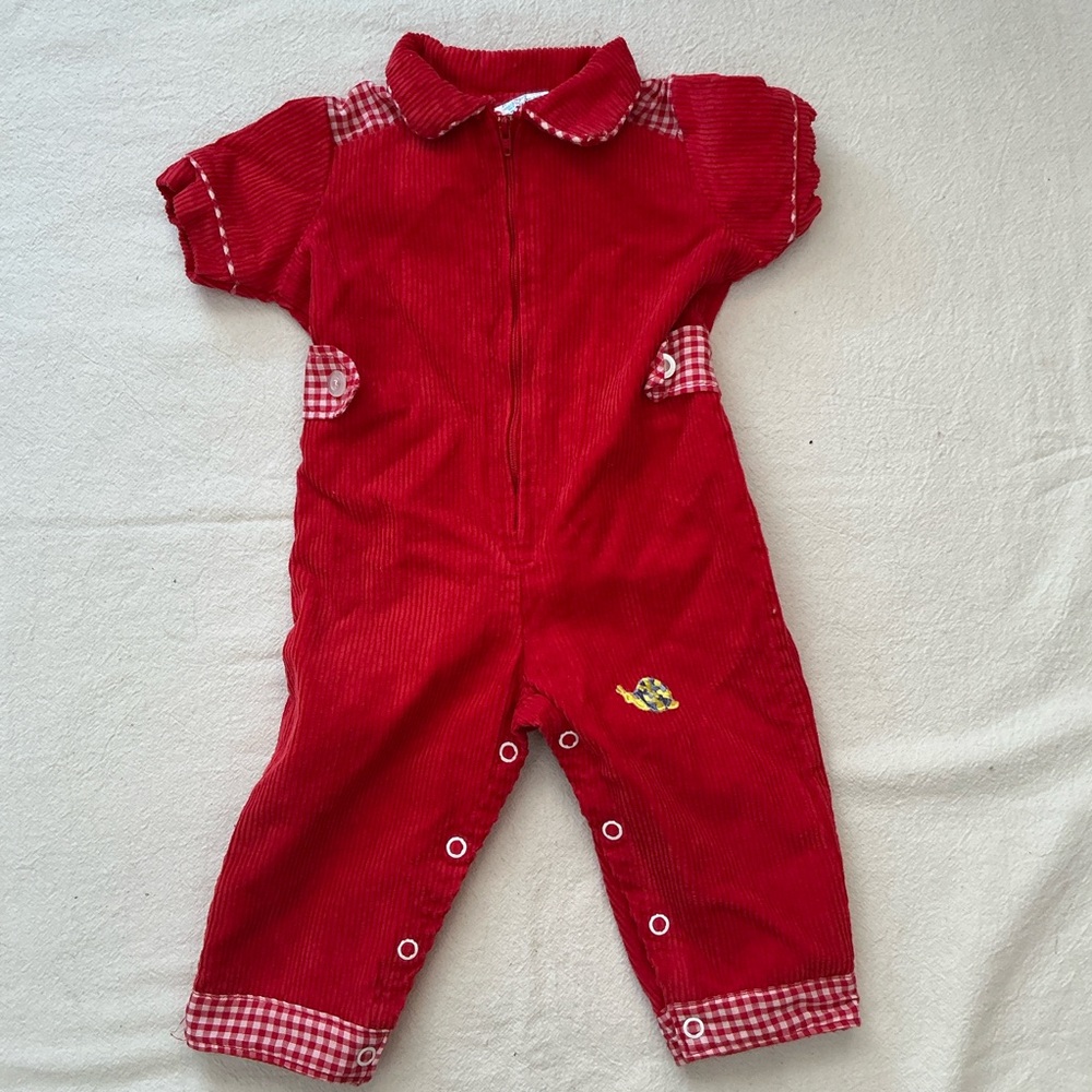 12m vintage Red Corduroy Baby Jumpsuit with Checkered Accents